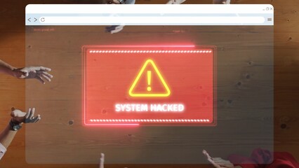 A bright red alert notification warns of a system hack, with hands reaching out overhead, symbolizing urgency and the importance of cybersecurity in a digital age. Raster