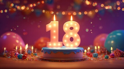 Memorable birthday celebration with a beautiful cake and glowing candles marking the special milestone of turning 18 years old