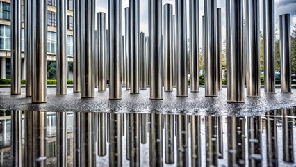 Obraz premium Reflective Urban Sculpture Polished Metal Cylinders Reflecting in a Puddle after Rain