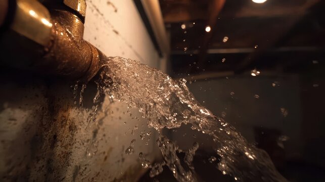 Urgent plumbing repair needed due to a significant leak from a rusty pipe in a basement setting with water spraying and pooling on the floor