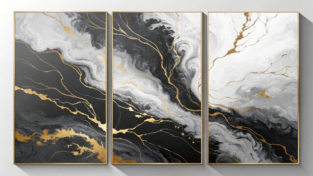 Elegant triptych of abstract marble art with gold veins for a modern aesthetic