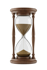 Wooden hourglass with flowing sand isolated on a transparent background