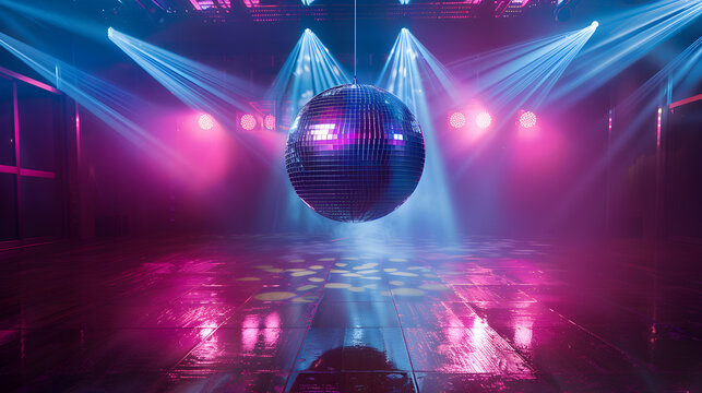 Shiny disco ball hanging in an empty club with colorful lights and reflections on the dance floor ,disco ball with lights, disco ball and lights, concert stage with lights, concert stage spotlight