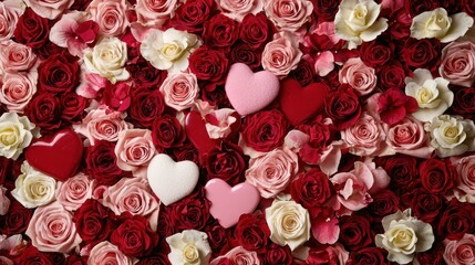 A vibrant display of red and pink roses with heart-shaped decorations in the center, set against a backdrop of white roses.