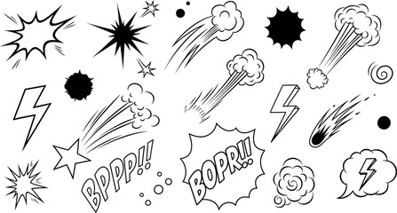 Vector Illustration of Dynamic Comic Style Elements with Sound Effects, Lightning, and Stars for Pop Art Design