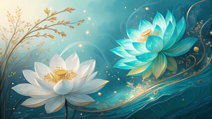 A serene scene of lotus flowers in full bloom, radiating beauty and tranquility in a dreamy setting