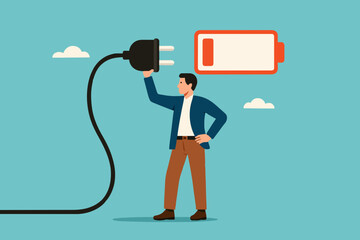recharge energy or restore enthusiasm for work, refreshing from overwork or tiring activities, businessman connects electrical plug to power source to recharge low battery exhausted businessman worker