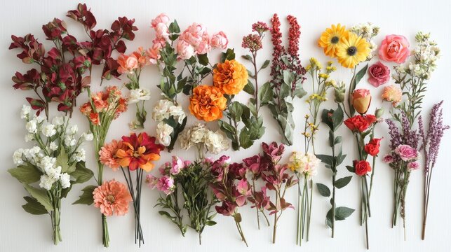 A collection of various flowers arranged in a grid pattern.