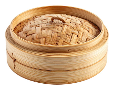 Bamboo steamer isolated on white background, transparent PNG