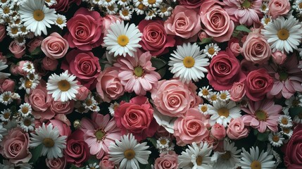 A vibrant flower arrangement with pink and white roses, daisies, and other flowers in a lush, green garden setting.