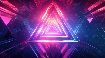 Futuristic neon triangle tunnel creating abstract light portal