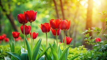 Fototapeta premium Vibrant Red Tulips Basking in Golden Sunlight Amidst Lush Greenery of a Spring Garden