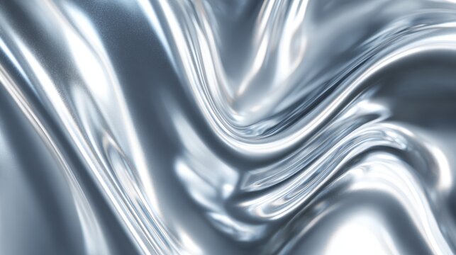 Dynamic flow of silver metal with glossy mirror-like surface reflecting light and creating a water effect for an abstract visual experience