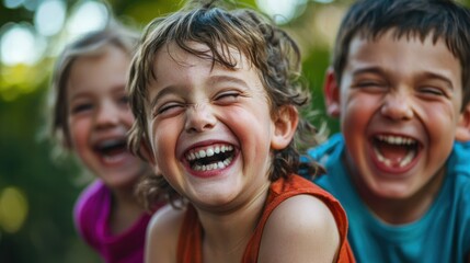 Three children laughing outdoors.