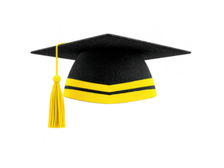 Graduation cap with yellow tassel and stripe, symbolizing academic achievement, education, and celebration, often worn at commencement ceremonies with sense of pride and accomplishment