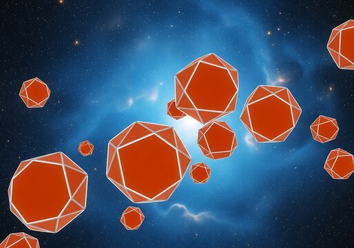 Geometric forms floating in a cosmic expanse with luminous stars - Powered by Adobe