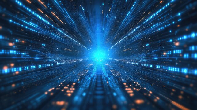 Digital data stream passing through a futuristic network tunnel - Powered by Adobe