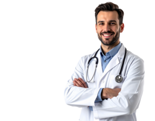 Smiling doctor with stethoscope, arms crossed, isolated on white background, transparent PNG