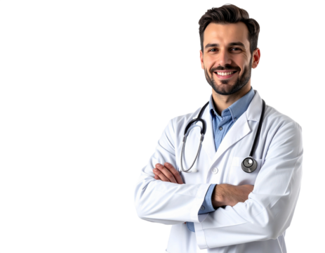 Smiling doctor with stethoscope, arms crossed, isolated on white background, transparent PNG