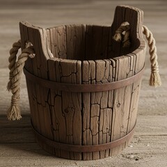 Rustic weathered wooden bucket with rope handles and metal bands