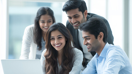 A group of young professionals share joyful smiles while brainstorming ideas on a laptop together Generative AI