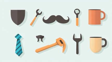A collection of various objects and items, including a shield, wrench, mustache, mug, tie, spray bottle, hammer, and wrench, arranged in a grid pattern on a light blue background.