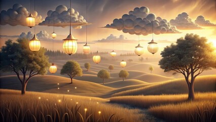 Enchanted Sunset Landscape with Floating Lanterns and Serene Rolling Hills