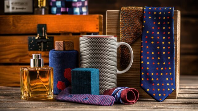 A wooden box containing a variety of men's accessories, including a bottle of perfume, a mug, a tie, and a pair of socks. - Powered by Adobe