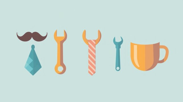 A collection of tools and a mug on a light blue background.