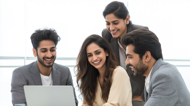 Four young adults joyfully share ideas over a laptop in a bright room Generative AI