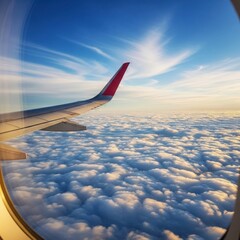Airplane wing, fluffy clouds, golden hour sky, aerial plane view