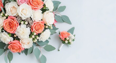 Elegant wedding bouquet of roses, carnations, and eucalyptus isolated on white background, complemented by a matching boutonniere