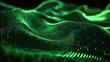 Green digital particles creating data wave background