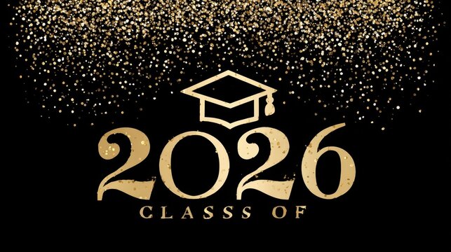 Celebrating the graduation of the Class of 2026 with a sleek black background and golden sparkles highlighting the momentous occasion