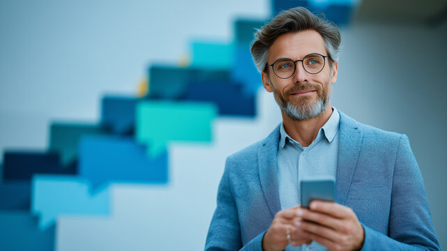 Seasoned insurance broker communicates with clients using his smartphone in a stylish office Generative AI