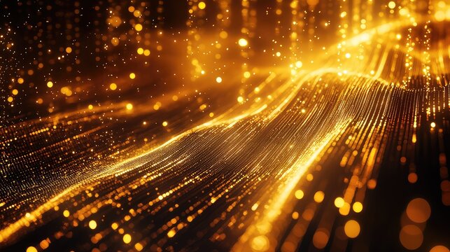 Golden glittering particles forming abstract data wave background