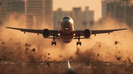Plane takes off from the runway creating a cloud of dust in a close-up video during sunset at an urban airport