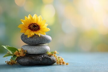 Enjoying National Relaxation Day with a peaceful spa scene featuring stacked stones and a bright sunflower in a tranquil background