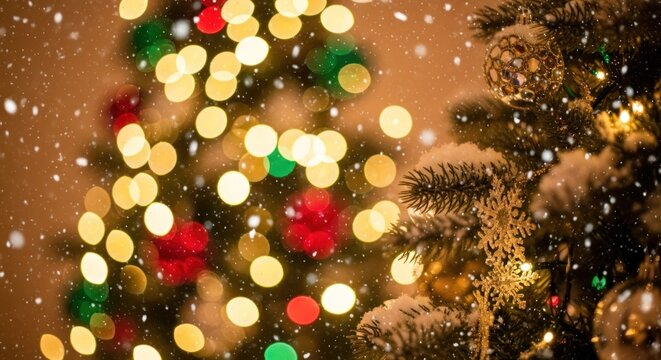 A snow-covered Christmas tree with colorful lights and ornaments, surrounded by falling snow. - Powered by Adobe