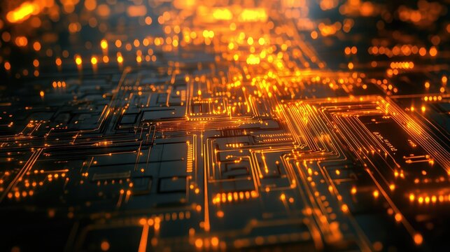 Glowing circuit board representing digital technology and data processing