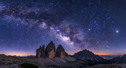Night panorama Majestic mountains beneath a breathtaking starry sky with the Milky Way
