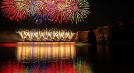 Night scene fireworks over water, reflected light, cliffs in background