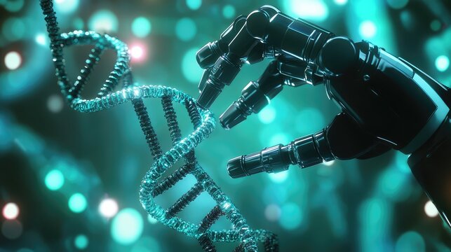 Robot arm manipulating dna strand, genetic engineering concept - Powered by Adobe