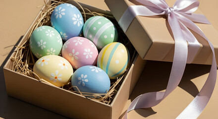 Decorative Easter eggs in gift box with ribbon and straw  
