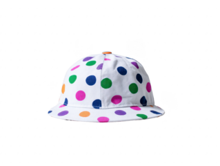 Colorful polka dot cap transparency background playful fashion accessory round brim casual style vibrant pattern unisex cheerful fabric hat trendy headwear