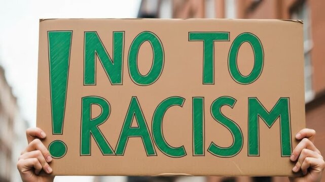Close up of a cardboard sign that reads no to racism in green letters
