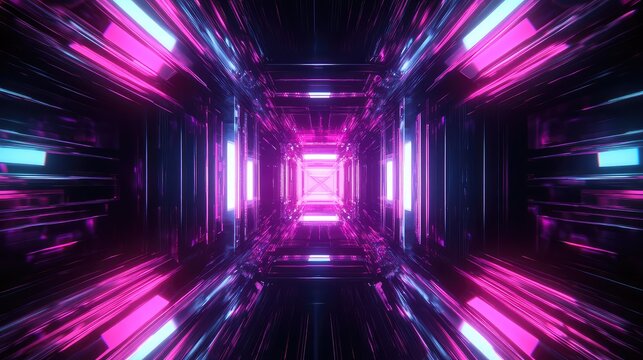 Futuristic tunnel with neon pink and blue lights - Powered by Adobe