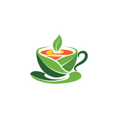 Green tea cup with leaf logo, natural beverage drink icon graphic element