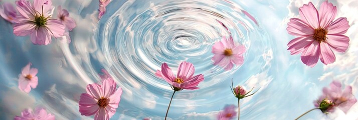 Pink cosmos flowers floating on water with ripples, blue sky, and white clouds in the background.