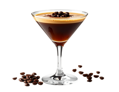 Espresso Martini cocktail with coffee beans isolated on white background, transparent PNG